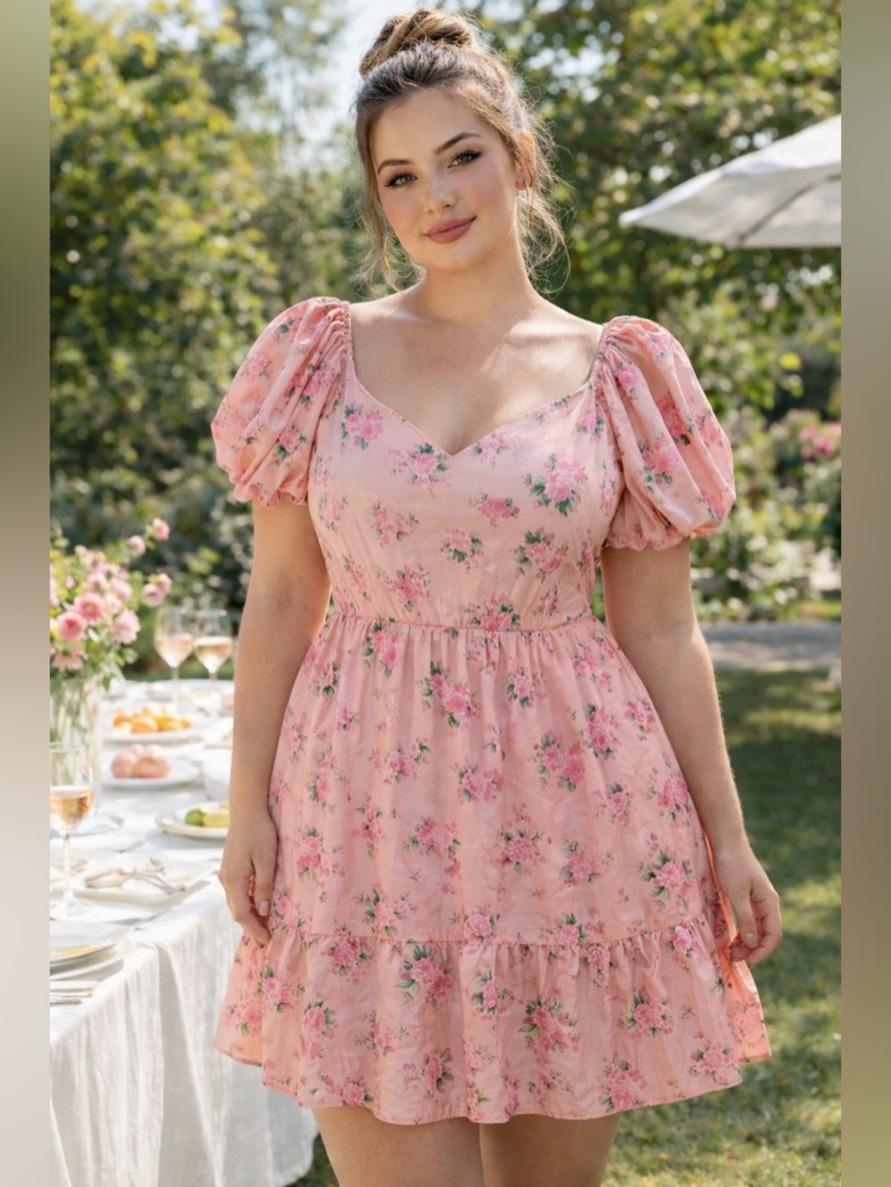 LoveShackFancy Peach Pink Floral Puff-Sleeve Dress 10